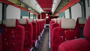 Barons Bus interior shot of center aisle to rear