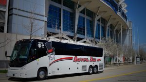 Barons Bus parked in front of stadium