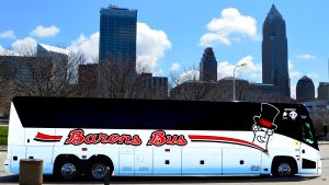Barons Bus against Cleveland skyline