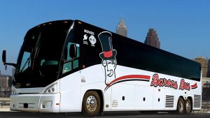 Barons Bus facing left against Cleveland skyline